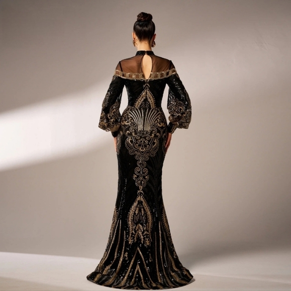 Black Embellished Backless Gown with Bishop Sleeves - Picture 4 of 13